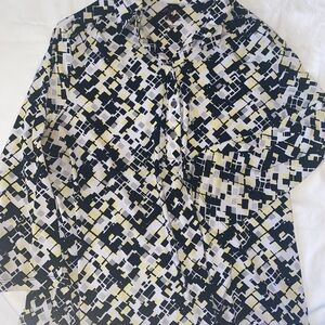 212 Collection Black, White & Yellow Geometric Button-Up Blouse